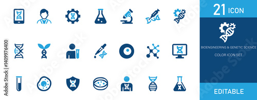 Editable bioengineering and genetic science icon set featuring DNA, lab tools, molecules, and researchers. Perfect for scientific, medical, biotech, and educational design projects