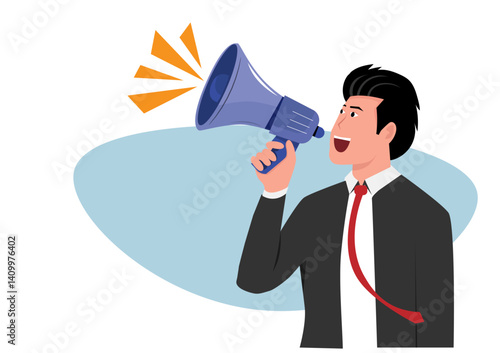 cartoon office worker In the gesture of speaking through the megaphone for use in advertisements, presentations, brochures, blogs, documents and forms, etc.