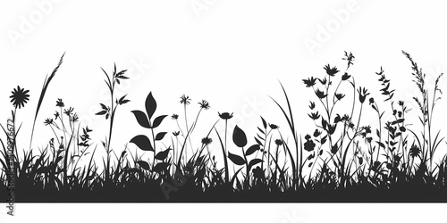 Elegant Floral Silhouette. Nature-Inspired Artistic Black Wildflowers and Leaves Design