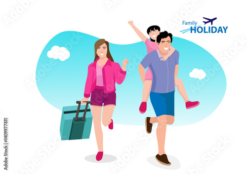 Happy Family travel together. Parents with children at the airport ready for vacation. Flat Vector illustration.
