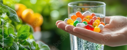Hand holding assorted colorful capsules with water...