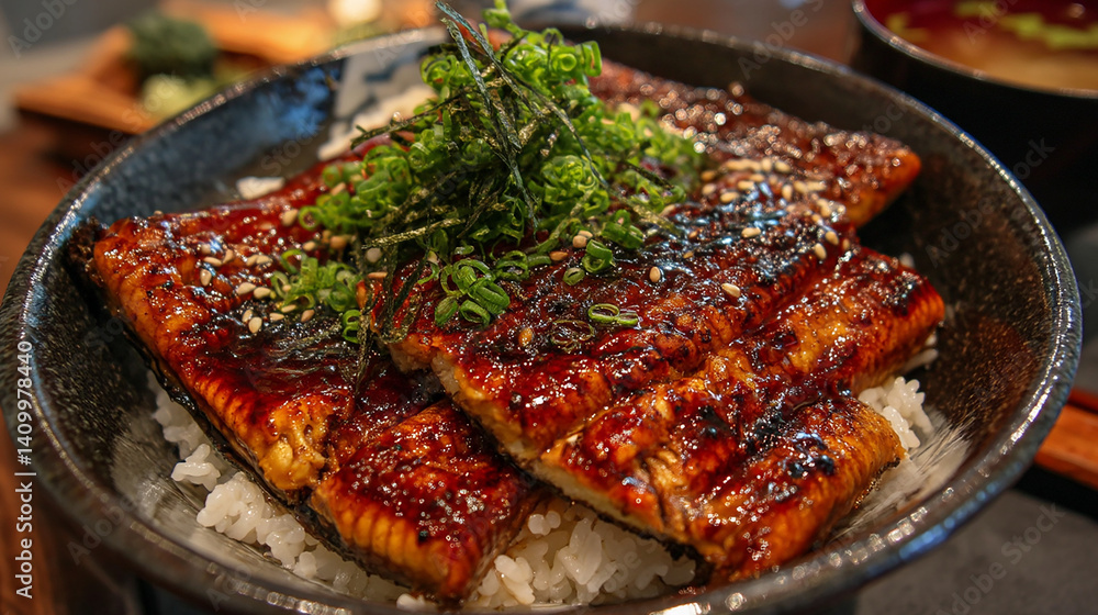 Japanese grilled eel over rice with soy glaze glistening Japanese grilled eel over rice with soy glaze glistening
