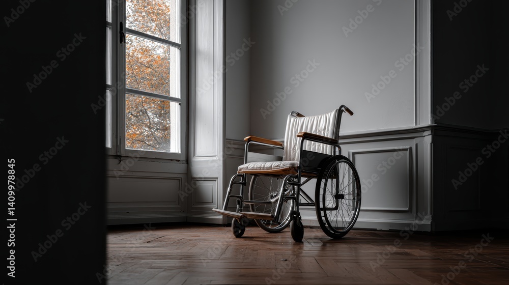 A senior's wheelchair is strategically positioned near a window - lifestyle sunbeam aging freedom handicapped A senior's wheelchair is strategically positioned near a window - lifestyle sunbeam aging freedom handicapped