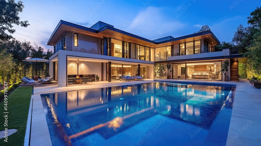 Fototapeta premium A luxury house backyard with a pool, contemporary luxury home at dusk with pool, featuring modern architecture