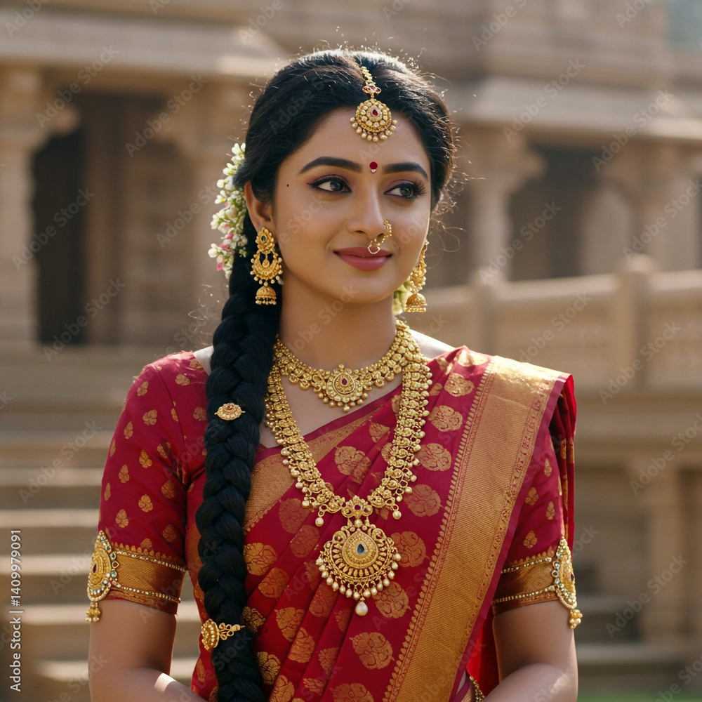 Traditional Indian Woman in Saree and Gold Jewelry in Temple Background