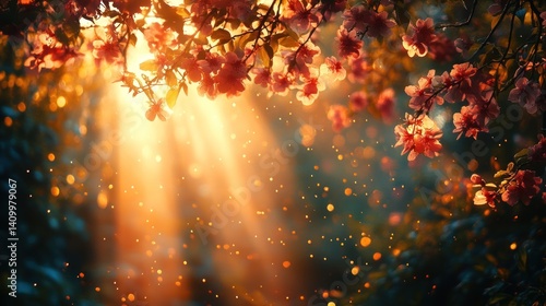 Spring blossoms, sunlight through branches, garden background, soft bokeh effect