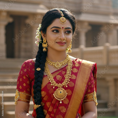 Obraz na płótnie Traditional Indian Woman in Saree and Gold Jewelry in Temple Background w salonie