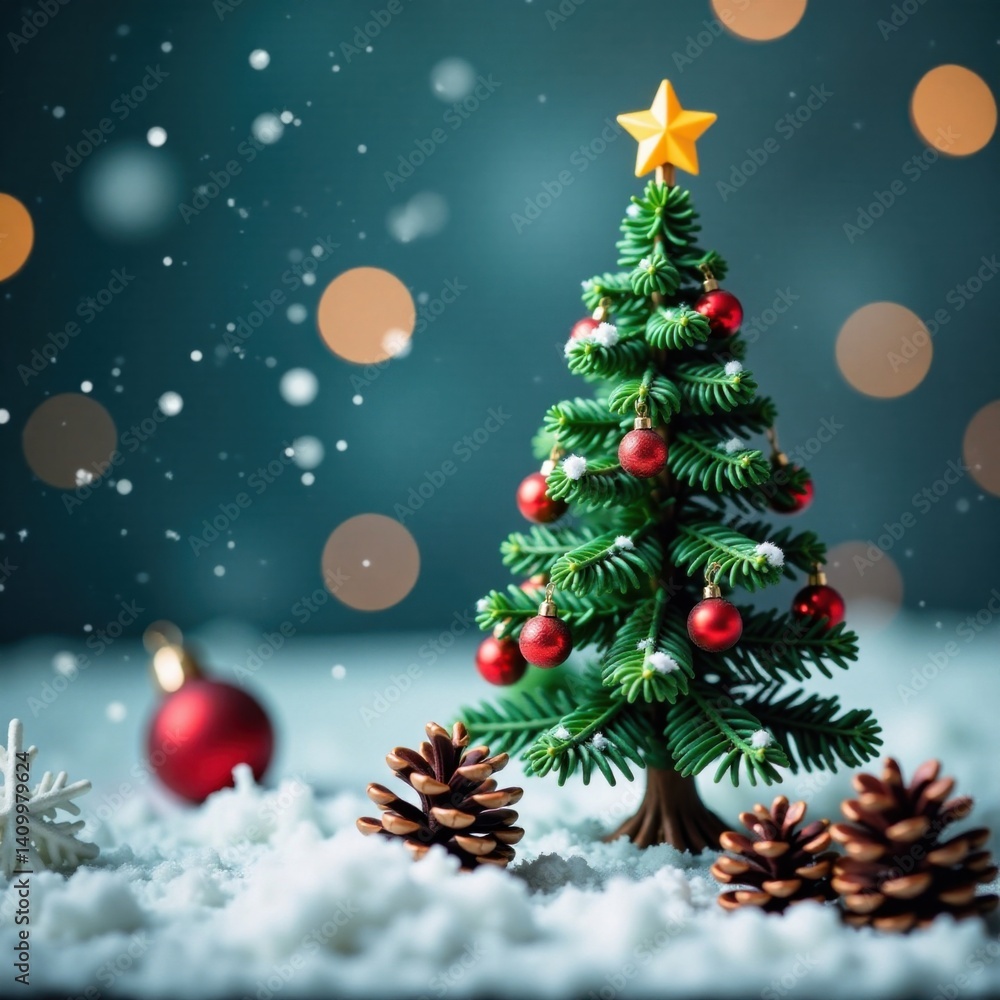 Obraz premium Miniature Christmas tree surrounded by snowflakes and pinecones in a miniature world, snowflakes, tiny ornaments, small christmas tree