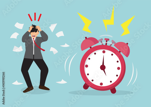 The businessman was unable to complete the documents in time to send to the customer. A character is stressed by the sound of a giant red alarm clock.