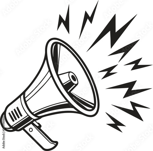 Cartoon Megaphone with Sound Waves, Black and White Design