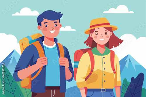 Young couple traveling with backpacks. Flat style. Vector illustration