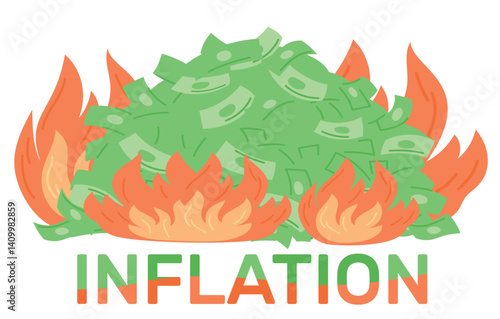 Inflation of paper money bills. Money going down in flames. Investment failure. Financial losses. Billionaire savings. Burning dollar banknotes heap. Economy crisis. Vector concept