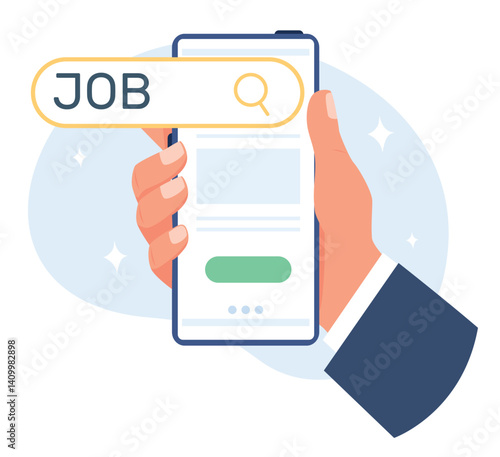 Hand holding phone with finding new job app. Work openings on internet. Vacancy searching bar. Smartphone screen. HR announcement. Employee recruitment. Mobile technology. Vector concept