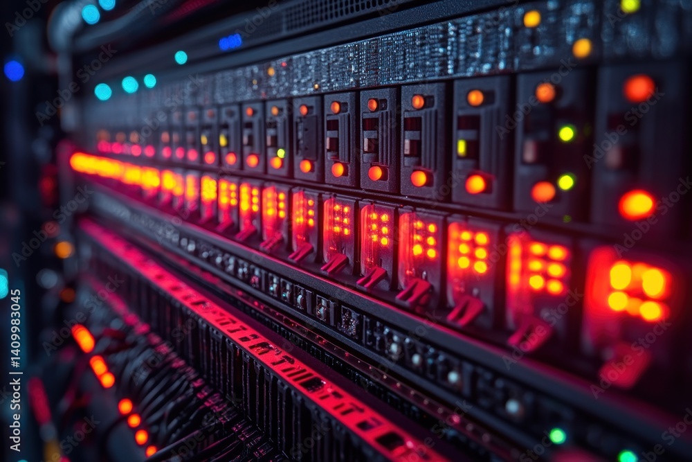 Server rack illuminated with blinking lights in a data center Server rack illuminated with blinking lights in a data center