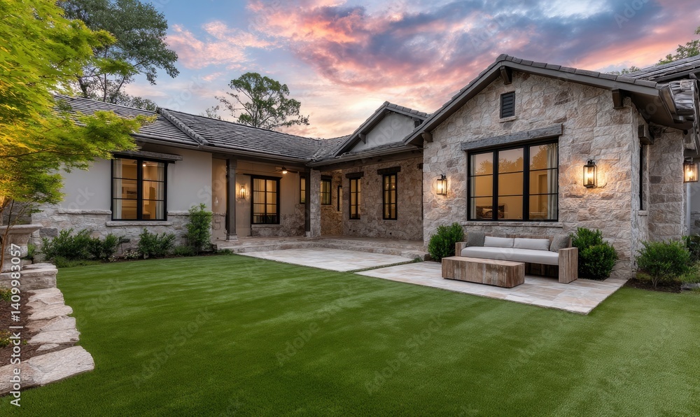 the backyard of a modern home in Austin, Texas at sunset with beautiful colors in the sky the backyard of a modern home in Austin, Texas at sunset with beautiful colors in the sky