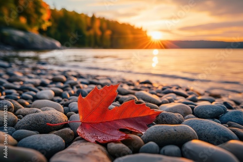 Fototapeta Naklejka Na Ścianę i Meble -  Vibrant red leaf rests on smooth lake rocks at sunset