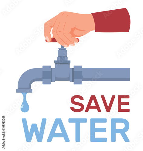 Hand closes water faucet. Leaky plumbing. Arm turning washbasin valve. Environment conservation. Dripping liquid. Protect and preserve pure fluid. Vector banner urging save clean aqua