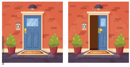 Entrance open and closed street doors to apartment. House facade. Peephole and doorknob. City architecture exterior. Building porch. Coming or leaving home. Entering doorways vector set