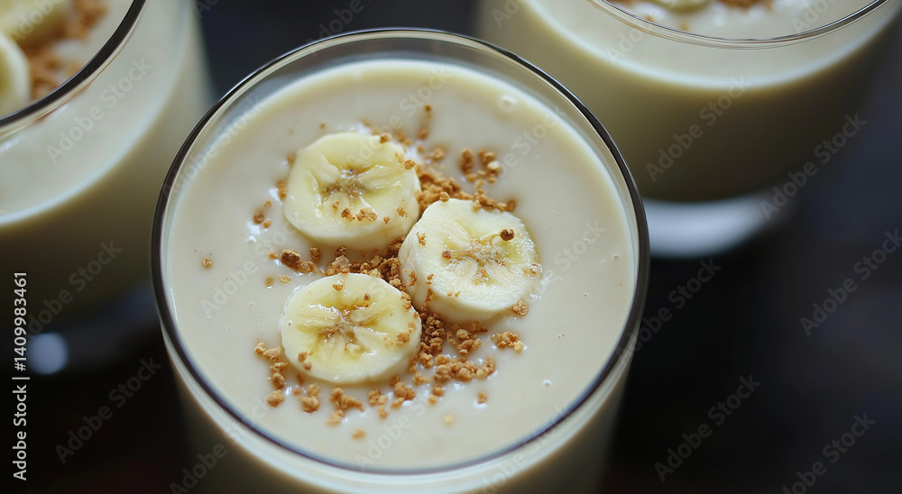 Smoothie cremoso de banana com fatias de banana - Delicioso smoothie cremoso de banana Smoothie cremoso de banana com fatias de banana - Delicioso smoothie cremoso de banana