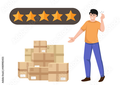 People Giving Five Star Feedback. Customer reviews concept. Online shopping with give 5 rating and review. Customer rate for success work. Vector outline Illustration.