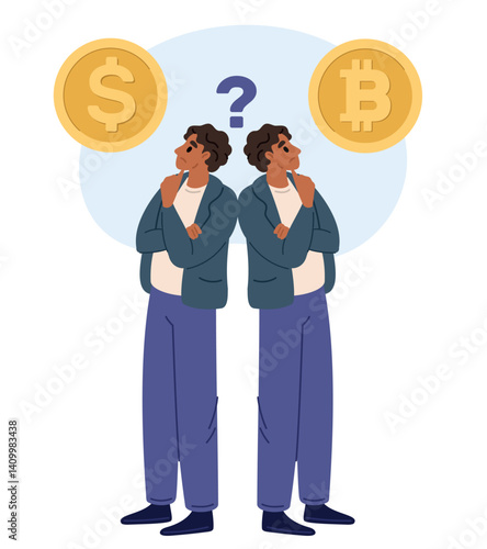 Confused man cant choose between bitcoin and dollar coins. Financial dilemma. People thinking about money investment profits. Cryptocurrency and cash. Finance savings. Vector concept