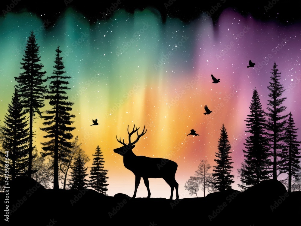 Fototapeta premium A serene silhouette of a deer under vibrant auroras, surrounded by tall trees and flying birds, creating a peaceful nature scene.