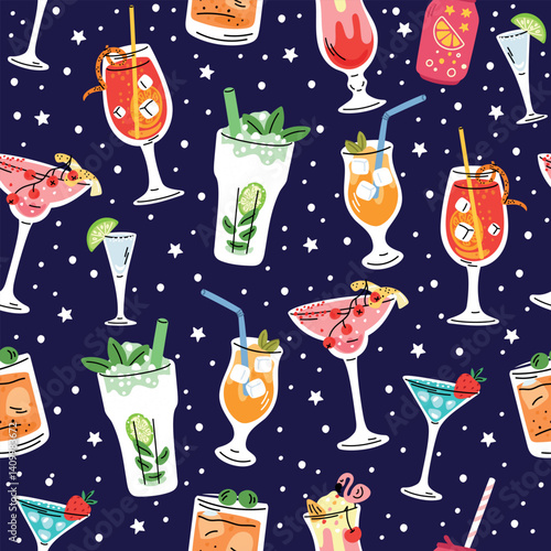 Cocktail glasses seamless pattern. Cold drinks with fruit slices and ice. Pina colada and mojito. Refreshing alcohol beverage. Repeated print. Martini or margarita. Vector background