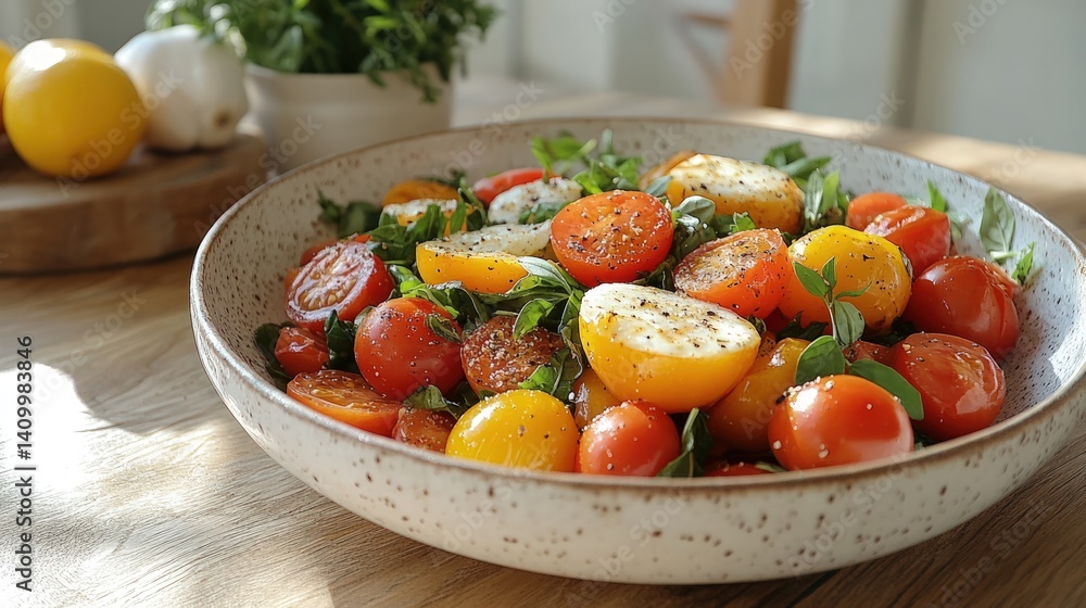 Bowl of colorful cherry tomatoes and herbs on a wooden surface. Bowl of colorful cherry tomatoes and herbs on a wooden surface.