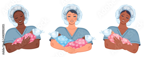 Various Midwifes holding newborn babies. Smiling female doctors with newborn babies of different genders and nationalities. Asian, African and European women in medical scrubs. Newborn twins. Vector