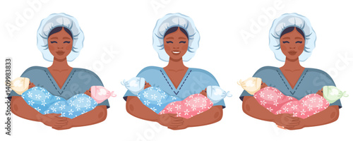 Young  Asian Midwife with newborn twins. Happy nurse in medical scrubs and hat carefully holding newborn babies. African and Asian newborn twin boy and girl in white hats, wrapped in blankets. Vector
