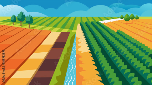 The aerial view also shows the contrast between irrigated fields where crops appear relatively healthy and those that have been left to wither and die due to lack of water.. Vector illustration