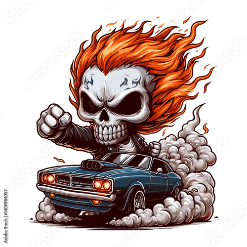 Cartoon Skull Rider on Hot Rod with Flaming Hair