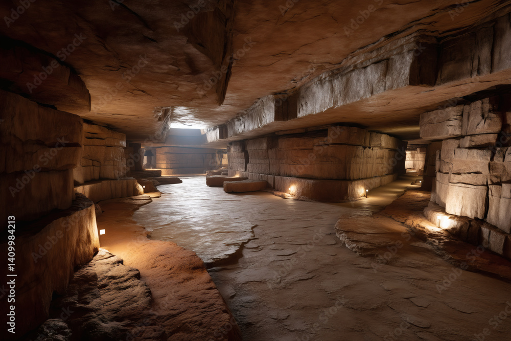 Fototapeta premium Underground cavern with rock formations and subtle lighting, evoking a sense of exploration and mystery.