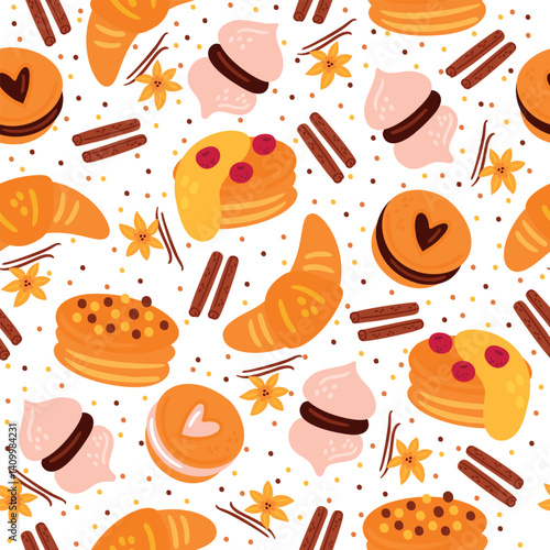 Baked pastries. Sweet cakes seamless pattern. Dessert bakery. Vanilla or cinnamon. Cookies with fruit filling. Repeated print. Croissants or biscuits. Vector confectionery background