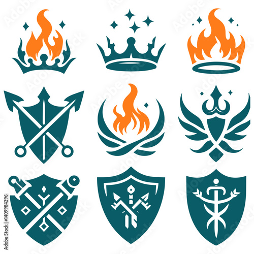 Artistic flame of celestial fury with crown and burning blade
