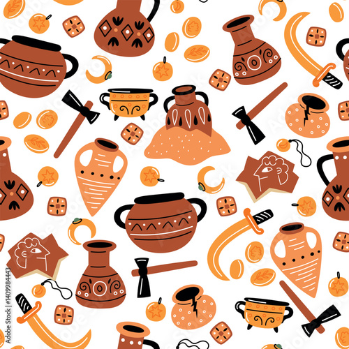 Ancient archaeological objects. Old vases seamless pattern. Ceramic jugs. Historical crockery. Antique amphoras. Weapons and gold jewelry. Archaeology excavations. Vector background