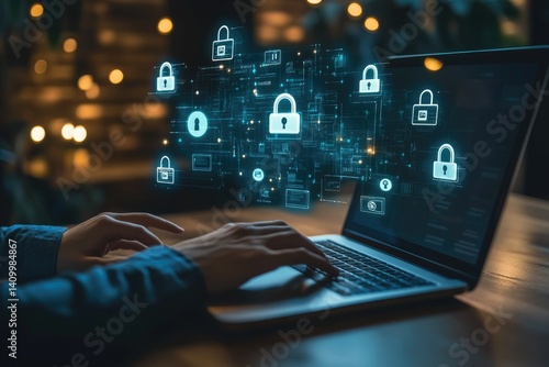 Secure online activity depicted; laptop user with digital locks floating above