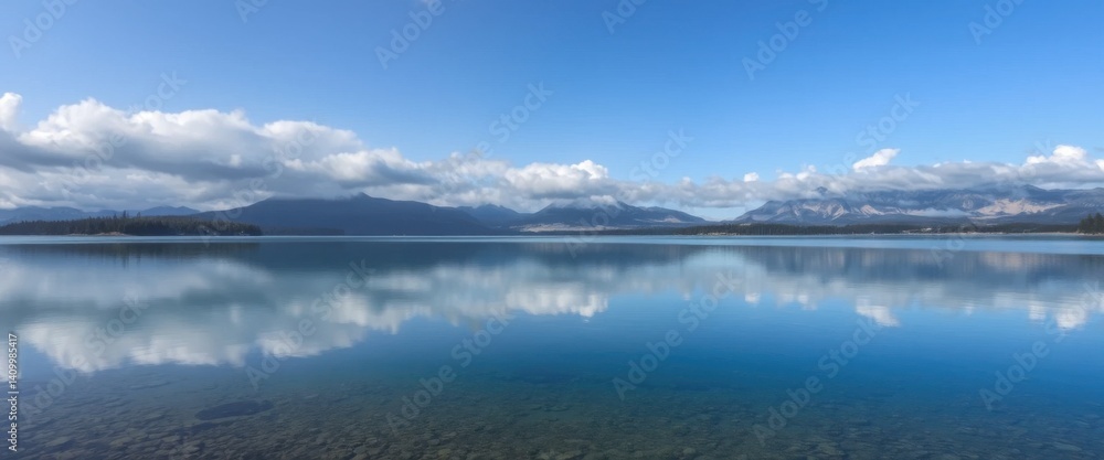 Fototapeta premium Serene Mountain Lake Reflection Picturesque Landscape of Calm Water and Majestic Peaks