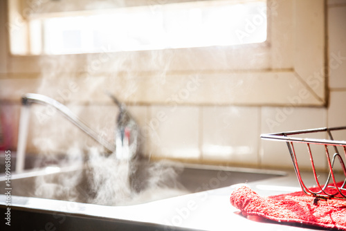 Steam from hot washing up water running into kitchen sink from tap