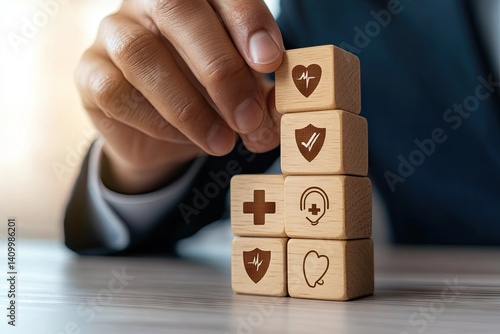 Hand arranging wooden blocks with health icons, symbolizing healthcare planning & security