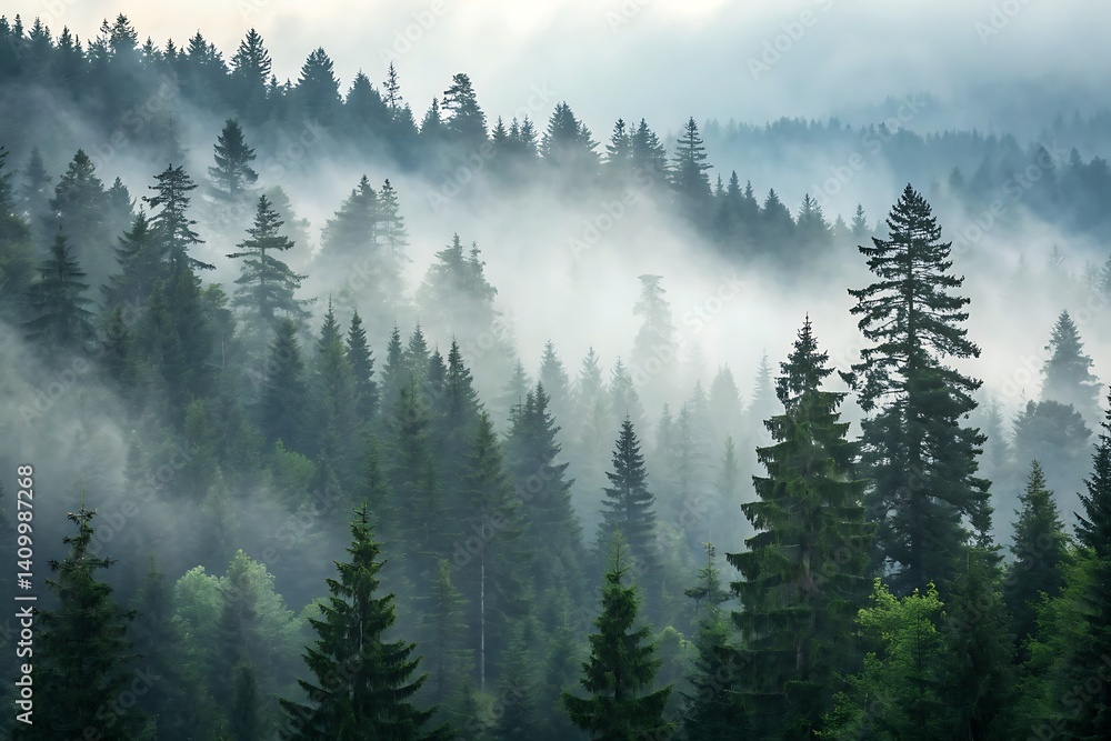 Obraz premium Misty Forest Valley – A Serene Landscape of Lush Green Hills and Rolling Fog