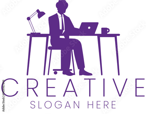 Purple Businessman Working Laptop Desk Creative Office job icon logo flat style clean     