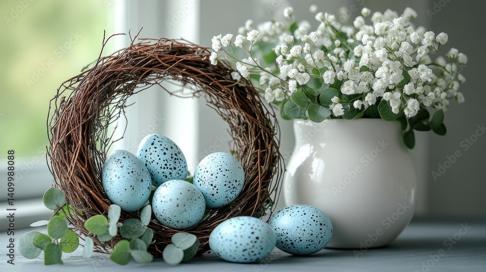 Light blue speckled eggs in a rustic wreath with spring flowers Light blue speckled eggs in a rustic wreath with spring flowers