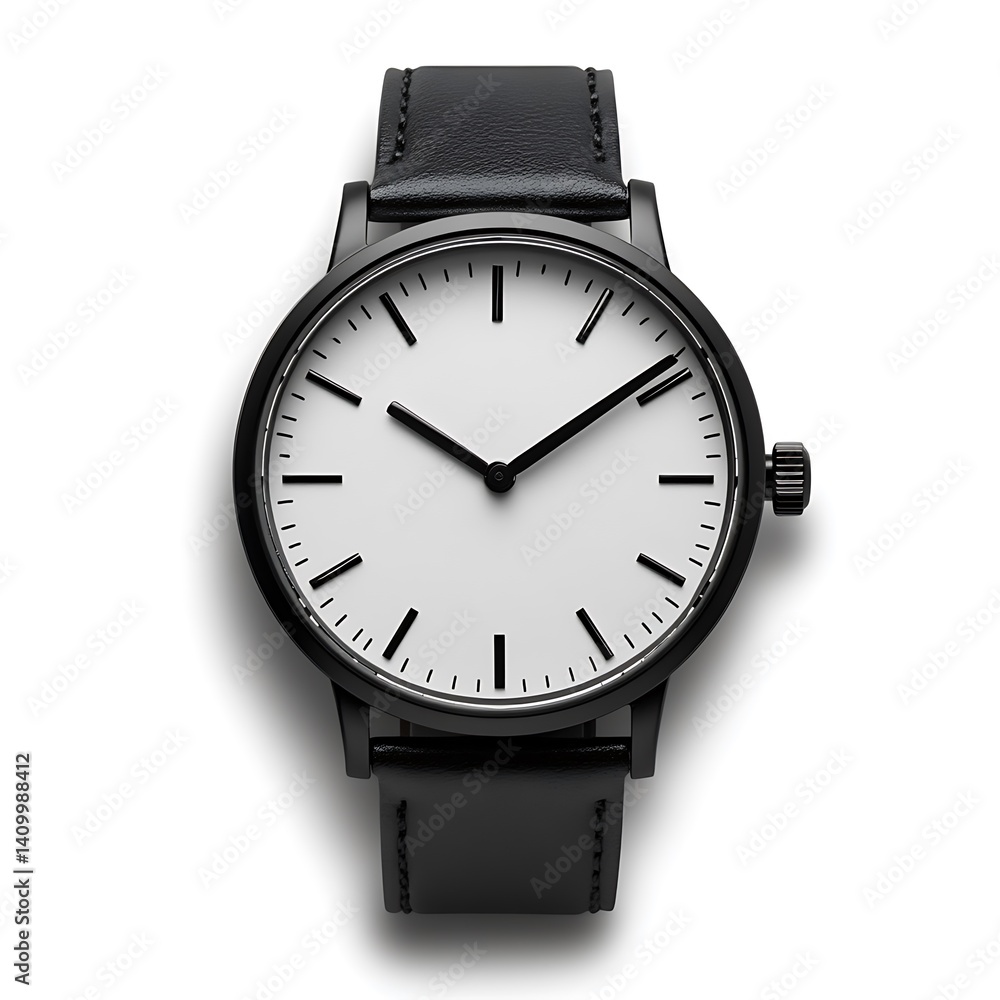 Simple minimalist watch with a clean white face and black leather band. Features a classic round case and simple, elegant design Simple minimalist watch with a clean white face and black leather band. Features a classic round case and simple, elegant design