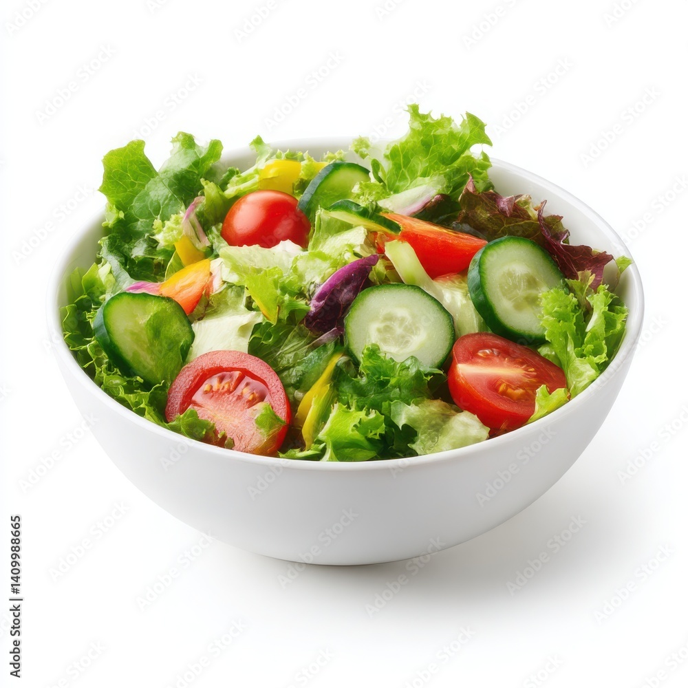 Close up of a fresh salad with cucumbers and tomatoes in a white bowl dish Close up of a fresh salad with cucumbers and tomatoes in a white bowl dish
