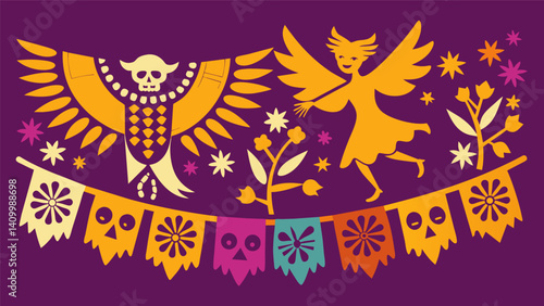 Elaborate papel picado banners flutter in the breeze bearing intricate designs depicting scenes from the afterlife.. Vector illustration