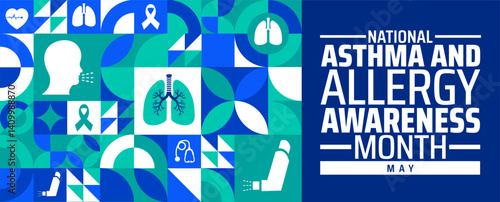 National Asthma and Allergy Awareness Month geometric shape pattern background banner or poster design template. observed every year in May. Holiday concept. Use to any Template, card, poster, placard