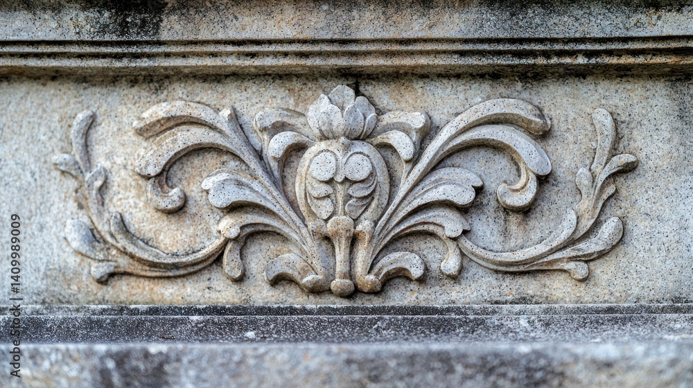 A close-up of a granite headstone with intricate carvings in a quiet graveyard