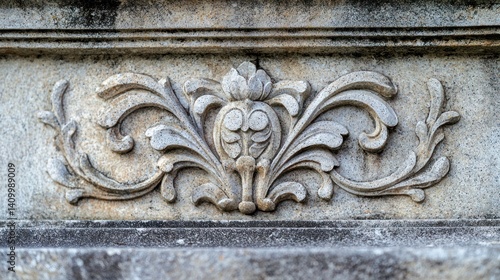 Obraz na płótnie A close-up of a granite headstone with intricate carvings in a quiet graveyard w salonie
