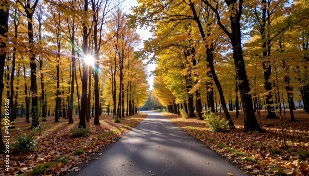 Obraz premium Autumn walk forest path nature photography bright sunlight peaceful environment scenic viewpoint for relaxation